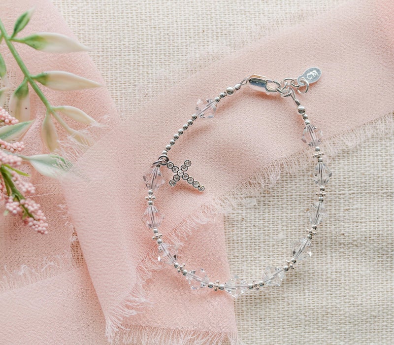 Precious Pieces Girl's 925 Sterling Silver First Communion Rosary Bracelet with Crystals and Cross for Children (6-6.5") - Image 4